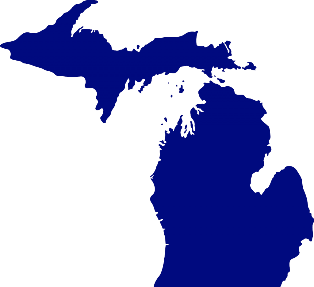 The lower peninsula, to the right, resembles a left handed mitten.